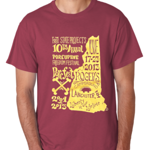 PorcFest X Maroon T-shirt with New Hampshire Silhouette