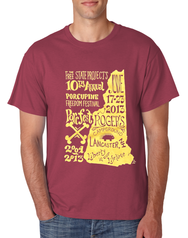 PorcFest X Maroon T-shirt with New Hampshire Silhouette